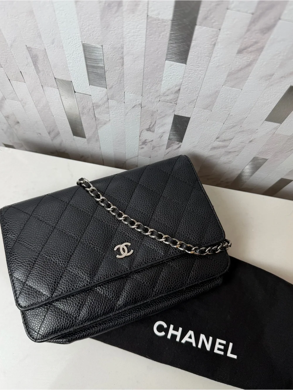 ♠️CHANEL Black Caviar Quilted Wallet On Chain WOC Silver Hardware Crossbody Bag